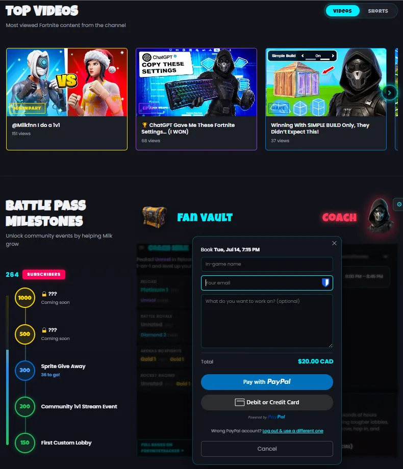 milkplays.com — PayPal and card checkout for coaching sessions